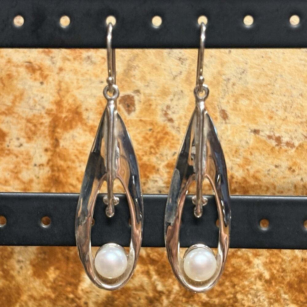 Artisan Hagit Gorali Earrings Sterling Silver Teardrop with Pearl Made in Israel